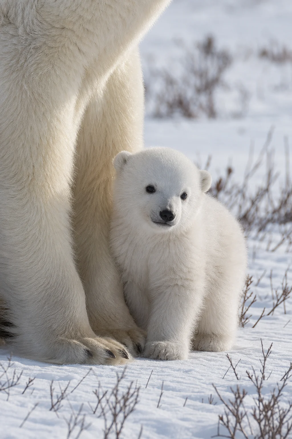 A cub keeps close to its mother in the Hudson Bay lowlands during the first weeks outside the den.